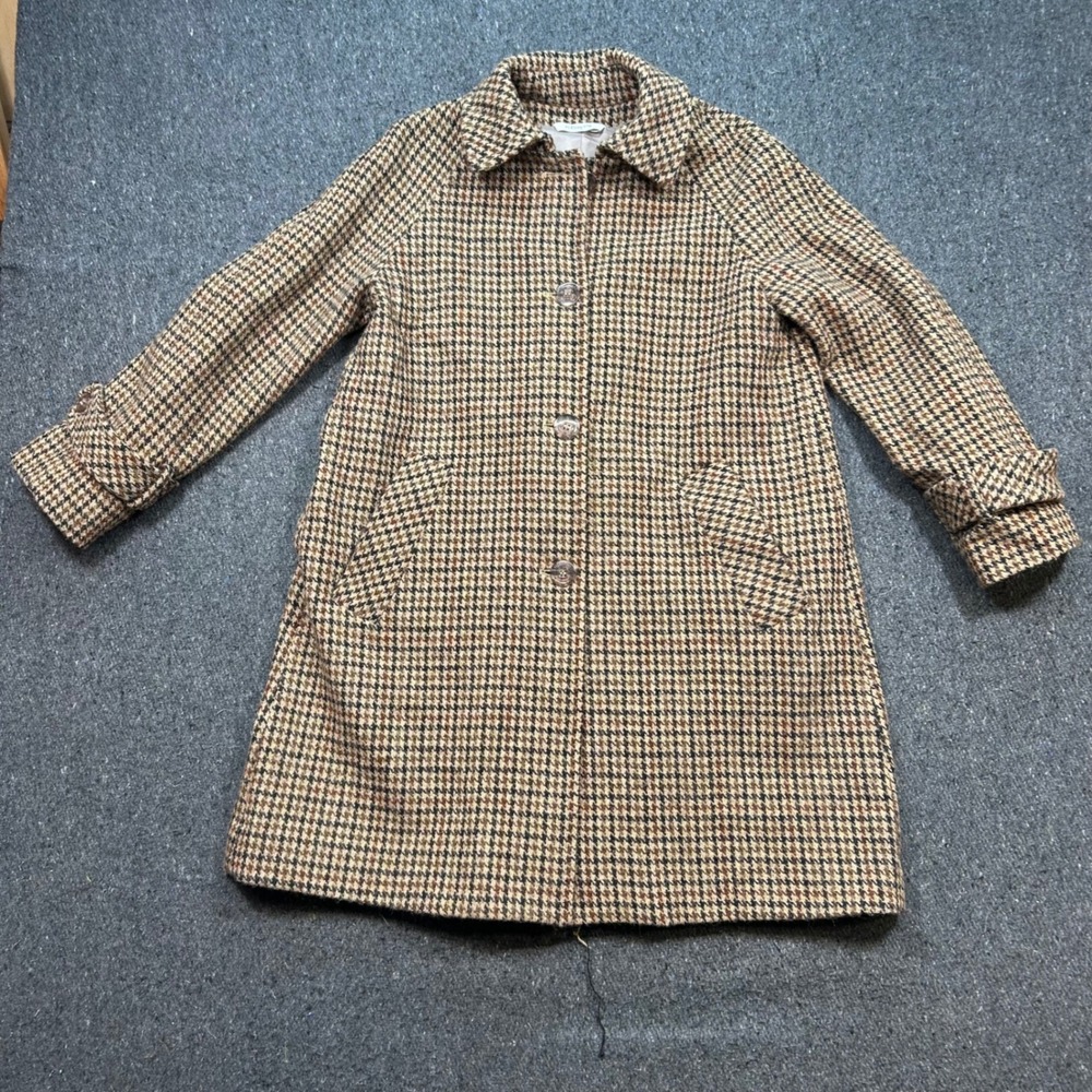 Fleurette Harris Tweed Brown Wool Houndstooth Womens Car Coat Made in USA Small
